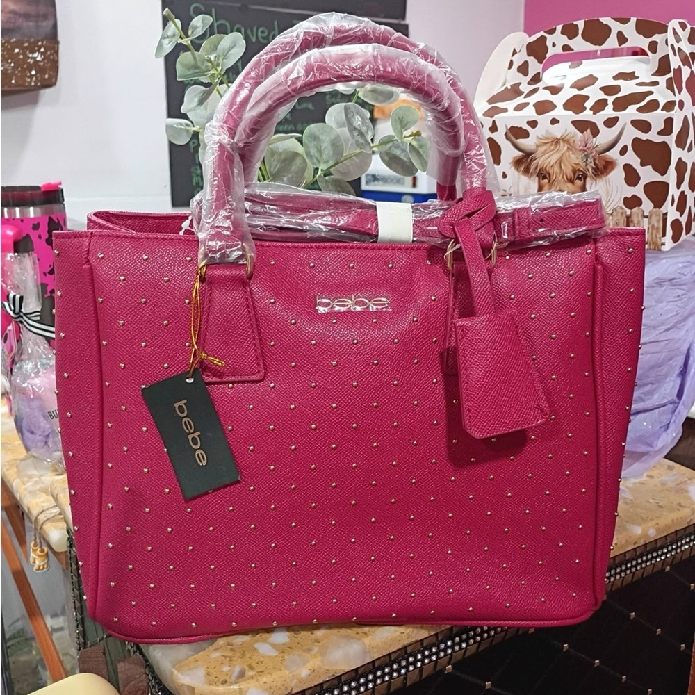 bebe Hot Pink Studded Tote with Gold Hardware